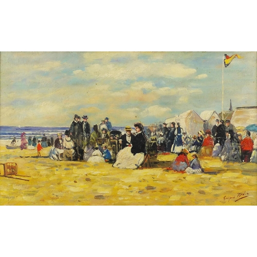 2552 - Manner of Eugène Boudin - Figures on a beach, French impressionist oil on board, framed, 68cm x 35cm