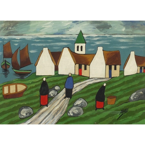 2326 - After Markey Robinson - Figures before cottages, Irish school gouache, framed, 35cm x 25.5cm