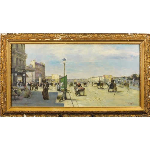 2164 - Manner of Eugène Boudin - Busy Paris street scene, oil on board, framed, 59cm x 29cm