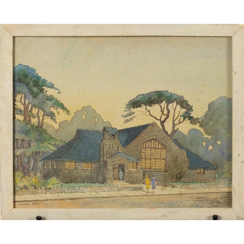2557 - After Charles Knight - Figures outside of a church, watercolour on card, framed, 38cm x 30cm