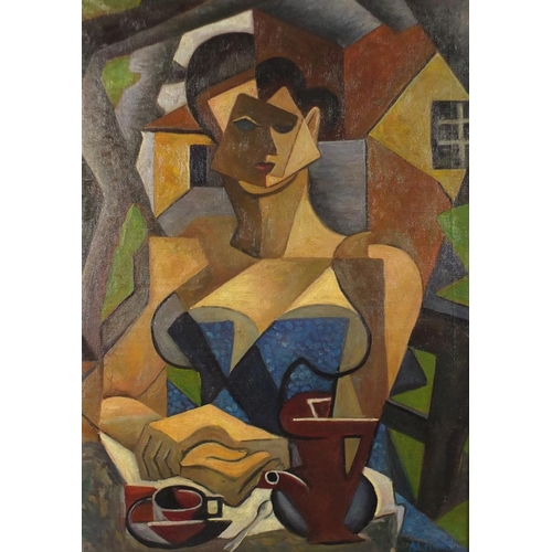 2115 - Abstract composition, cubist portrait of a nude female, French school oil on board, bearing a signat... 