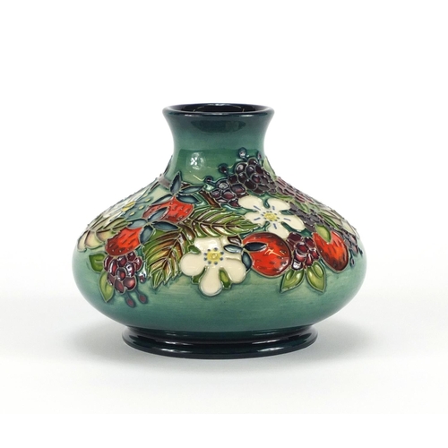 2187 - Moorcroft pottery squatted vase with box, hand painted with stylised strawberries, grapes and flower... 