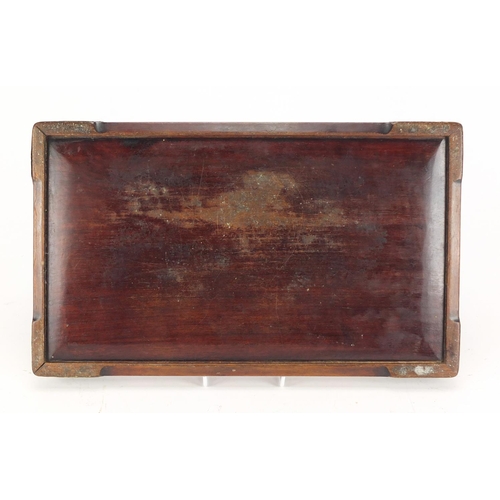 2167 - Chinese hardwood tray with engraved brass mounts, 43.5cm wide