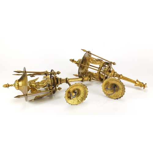 2131 - Pair of classical gilt brass wall lights, with pineapple finials and reeded columns, each 44cm high