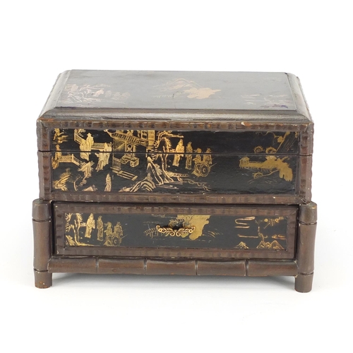 2375 - Chinese velvet lined table chest with faux bamboo supports, decorated with figures and landscapes, 2... 