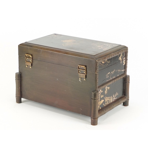 2375 - Chinese velvet lined table chest with faux bamboo supports, decorated with figures and landscapes, 2... 