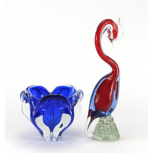 2323 - Murano colourful glass duck and a Czech blue glass bowl, the largest 37cm high