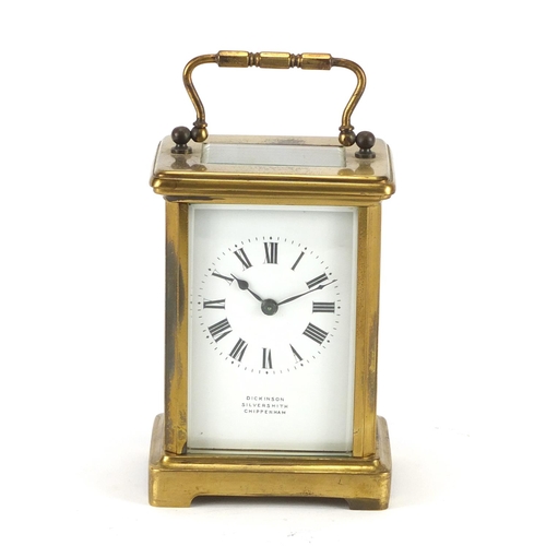 2236 - Brass cased carriage clock with enamelled dial and Roman numerals, retailed by Dickinson Silver Smit... 