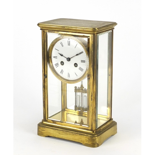 2195 - ** WITHDRAWM FROM SALE ** French brass cased four glass mantel clock striking on a bell, the enamell... 