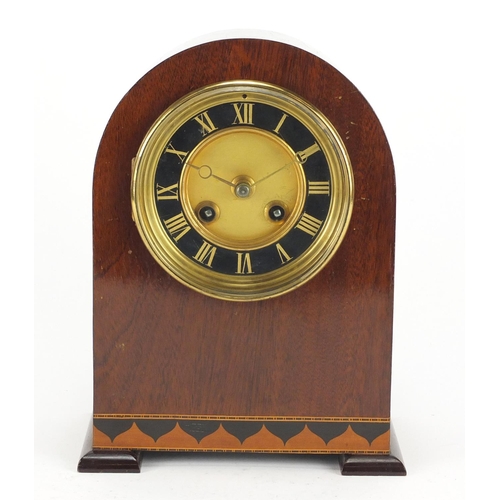 2333 - Edwardian inlaid mahogany dome topped mantel clock striking on a gong with French movement, the chap... 