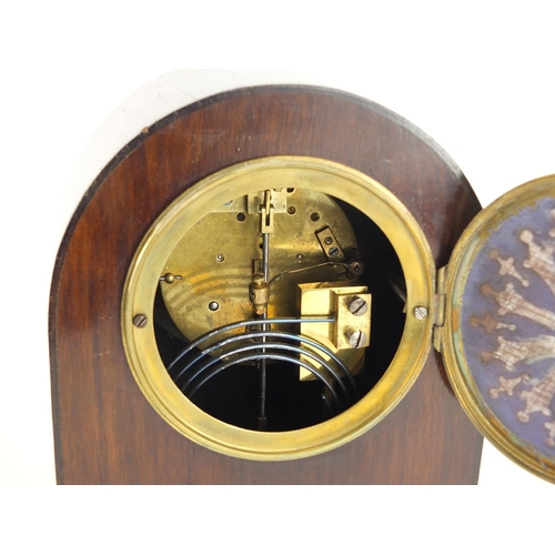 2333 - Edwardian inlaid mahogany dome topped mantel clock striking on a gong with French movement, the chap... 