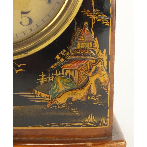 2192 - Lacquered French mantel clock decorated in the chinoiserie manner, 18.5cm high