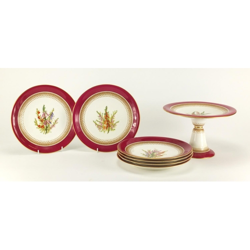 2204 - Victorian Royal Worcester part dessert service, hand painted with flowers with in a pink border comp... 