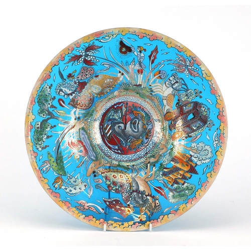 2376 - Venetian glass bowl hand painted with horse drawn carts and a castle, signed, 36cm in diameter