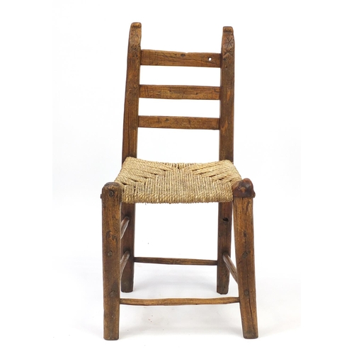 2099 - Provincial country oak ladder back chair with rush seat, 90cm high