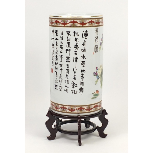 2165 - Large Chinese cylindrical porcelain floor standing vase with hardwood stand, hand painted  with bird... 