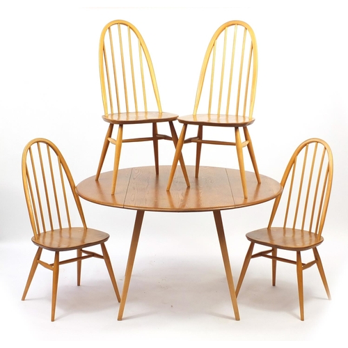 2003 - Ercol light elm drop leaf dining table and four stick back chairs, the table 71cm H x 65cm W (folded... 