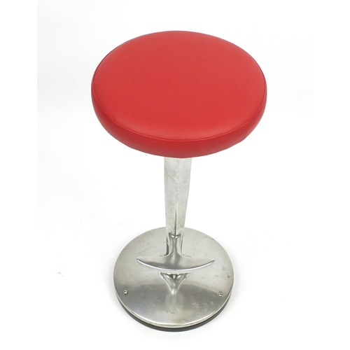 2103 - Contemporary polished aluminium bar stool with red leather seat and ball and claw support, 77cm high