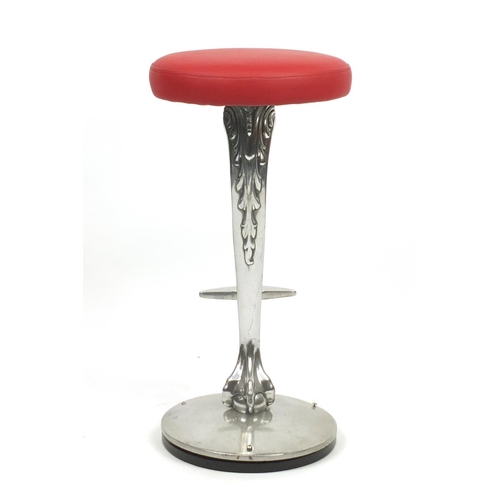 2103 - Contemporary polished aluminium bar stool with red leather seat and ball and claw support, 77cm high