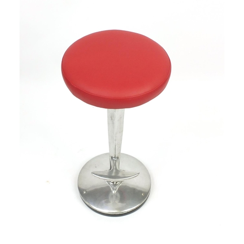 2104 - Contemporary chrome bar stool with cushioned red leather seat and ball and claw support, 77cm high