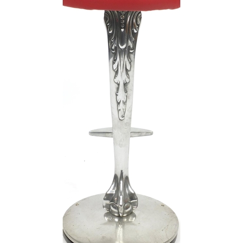 2102 - Contemporary polished aluminium bar stool with red leather seat and ball and claw support, 77cm high