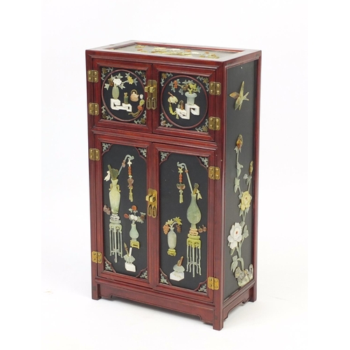 2106 - Chinese lacquer and hardstone side cabinet decorated with vases and flowers, 71cm H x 41cm W x 23cm ... 