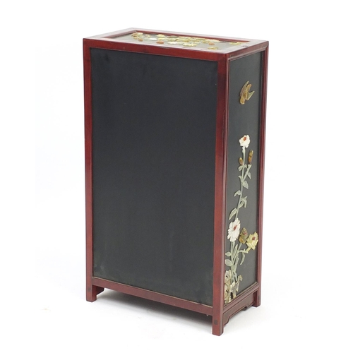 2106 - Chinese lacquer and hardstone side cabinet decorated with vases and flowers, 71cm H x 41cm W x 23cm ... 
