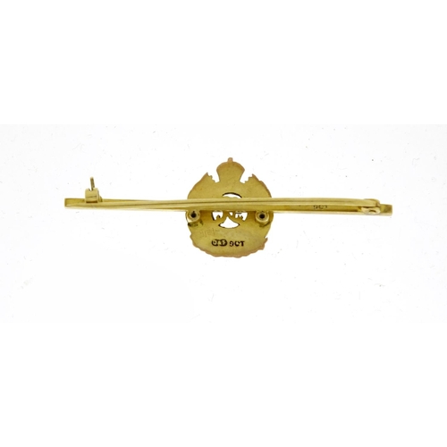 2833 - Military interest 9ct gold and enamel Royal Engineers bar brooch, 5cm in length, 3.6g