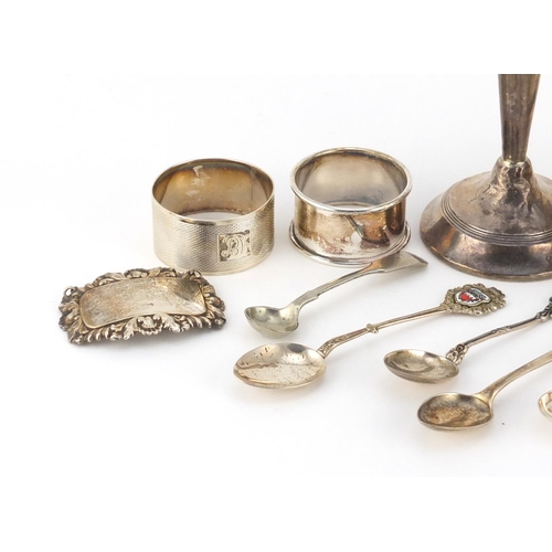 2637 - Mostly silver objects including a Greek finger bowl, candlestick, napkin rings and a port decanter l... 