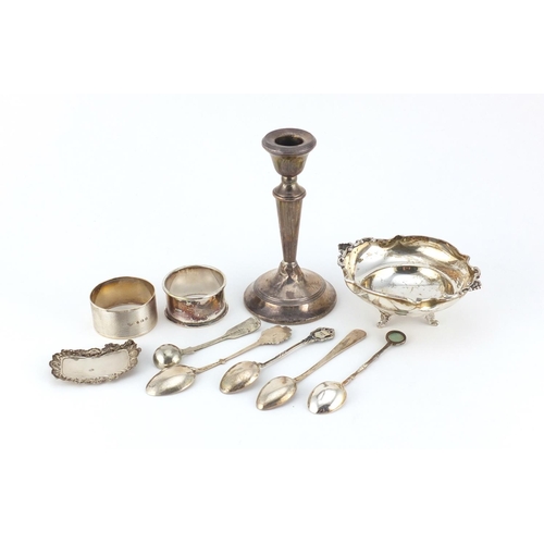 2637 - Mostly silver objects including a Greek finger bowl, candlestick, napkin rings and a port decanter l... 