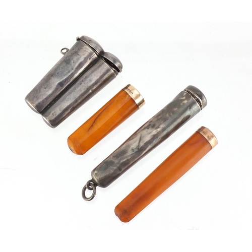 2636 - Two silver cheroot cases, housing two amber coloured cheroots with 9ct gold mounts, the largest 8cm ... 
