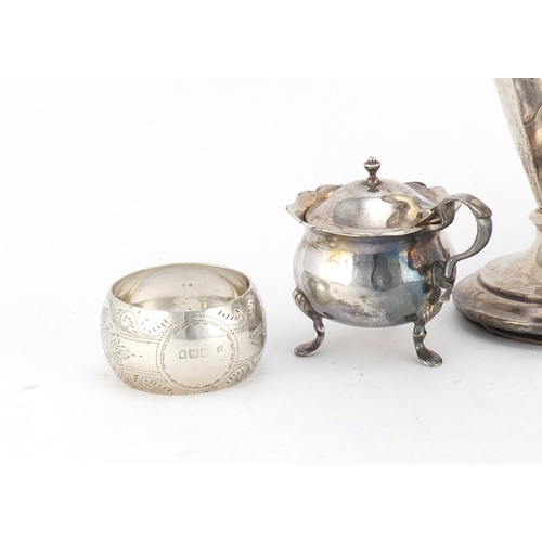 2644 - Silver items including vases, napkin rings and a mustard, various hallmarks, the largest 18.5cm high... 