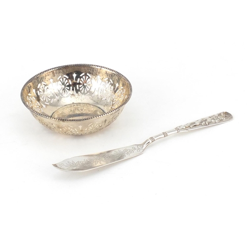 2648 - Chinese silver cake knife and a circular silver bowl by Mappin & Webb, the largest 19cm in length, 8... 