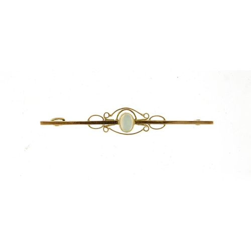 2828 - 9ct gold cabochon opal bar brooch, housed in a Mappin & Webb tooled leather box, 5.5cm in length, 2.... 