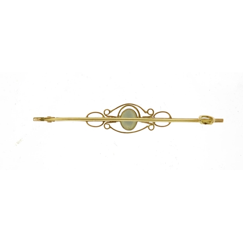2828 - 9ct gold cabochon opal bar brooch, housed in a Mappin & Webb tooled leather box, 5.5cm in length, 2.... 