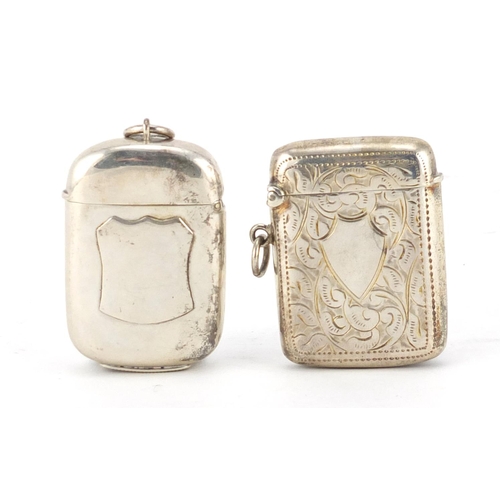 2649 - Two Victorian silver vesta's, one with engraved decoration, Birmingham hallmarks, each 4.6cm in leng... 