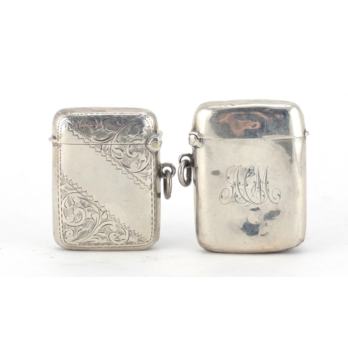 2632 - Two Edwardian silver vesta's, one with engraved decoration, Birmingham hallmarks, the largest 5cm in... 