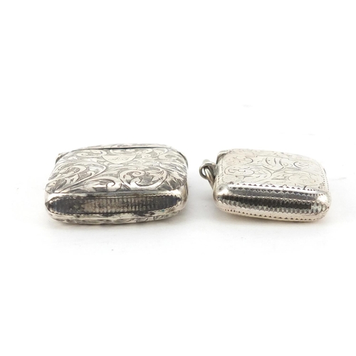 2646 - Two Victorian silver vesta's with engraved decoration, Birmingham hallmarks, the largest 5.5cm in le... 