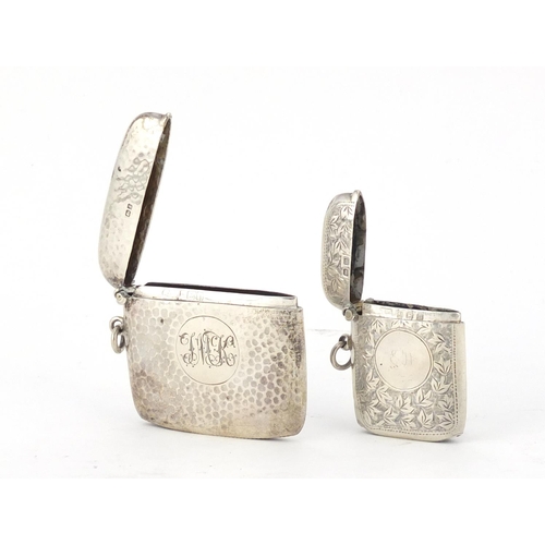 2628 - Two Edwardian silver vesta's, one with engraved decoration, Birmingham hallmarks, the largest 5.5cm ... 