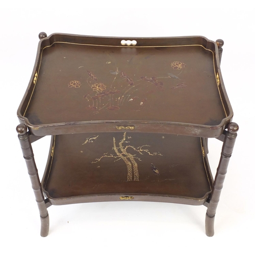 2063A - Chinese lacquered tray table with faux bamboo stand, the two lift off trays gilded with birds amongs... 