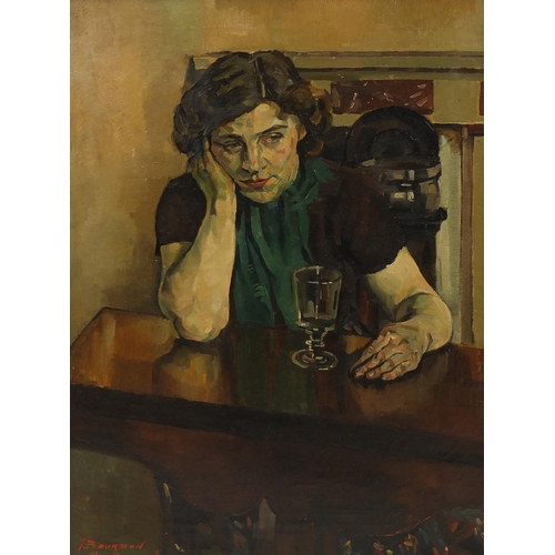 2054 - T Bourdon - Female at a table with a glass, oil on canvas, mounted and framed, 80cm x 60cm