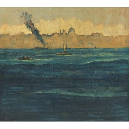 2052 - Boats in water before city, impressionist oil on canvas, bearing a indistinct signature possibly D R... 