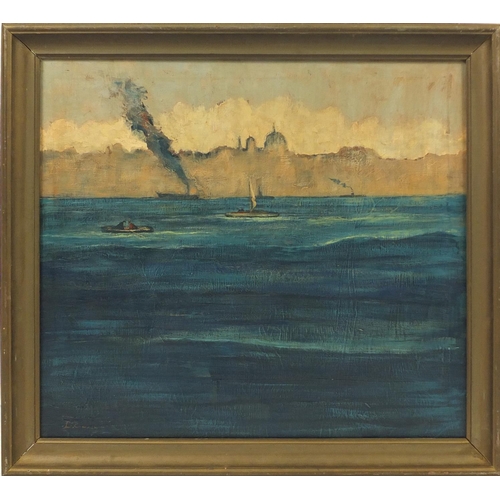 2052 - Boats in water before city, impressionist oil on canvas, bearing a indistinct signature possibly D R... 
