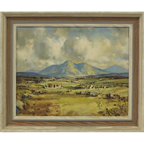 2119 - Cottages in a landscape before mountains, Irish school oil on board, bearing a signature Maurice Wil... 