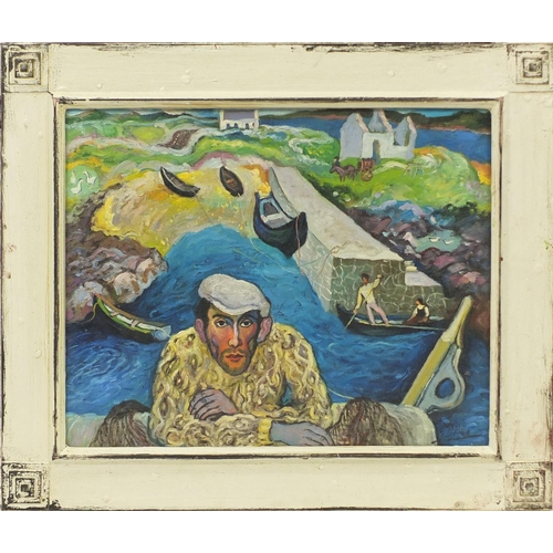 2121 - Manner of Gerard Dillion - Fishermen before moored boats and cottages, Irish school oil on board, fr... 