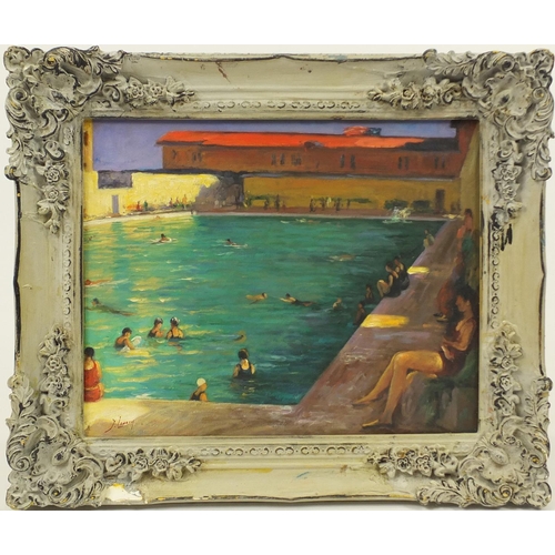2215 - Manner of Sir John Lavery - Figures in a pool, oil on board, framed, 59cm x 49cm