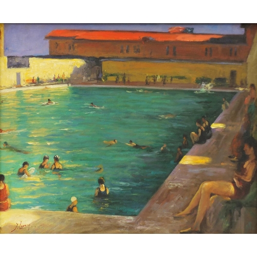2215 - Manner of Sir John Lavery - Figures in a pool, oil on board, framed, 59cm x 49cm