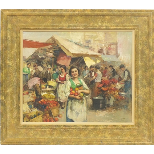 2055 - Busy market scene, Italian impressionist oil on board, bearing a signature Pitta, mounted and framed... 