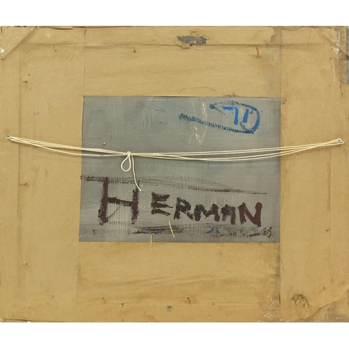 2114 - Three farmers, oil on board, bearing a monogram JH and inscription verso, framed, 60cm x 49.5cm