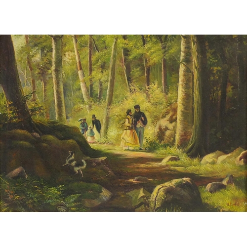 2163 - Figures in the woods, oil on board, bearing a signature H Dahl, framed, 50cm x 37cm